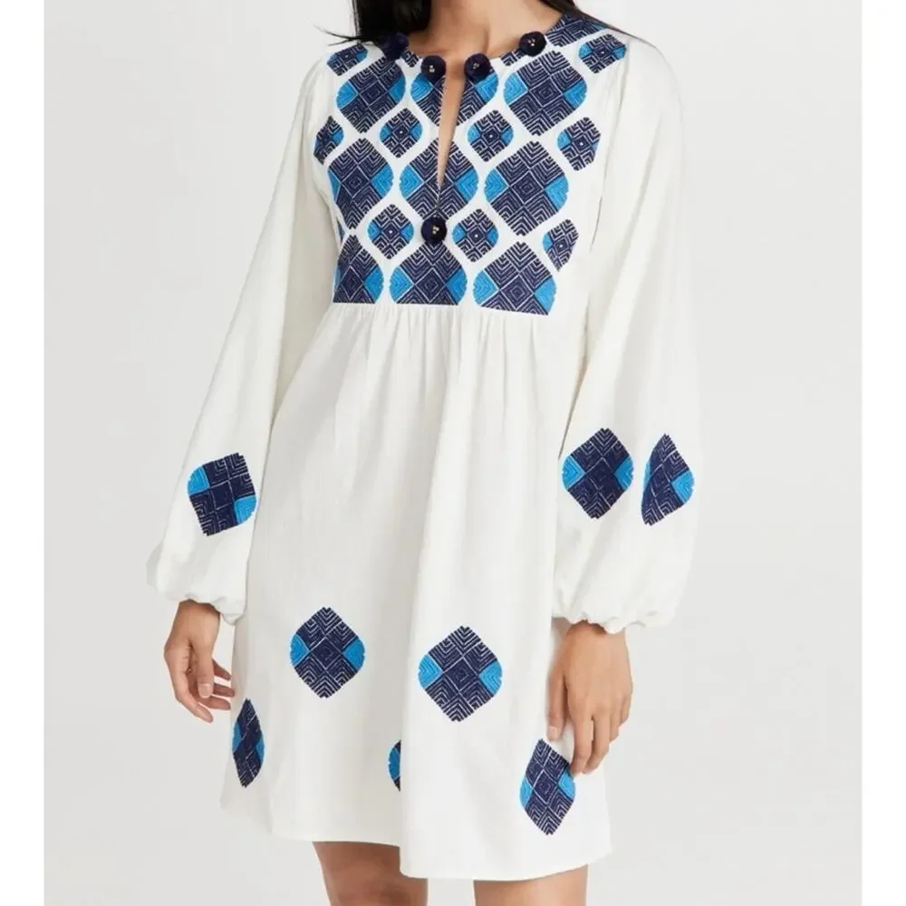 Figue Lucie White Blue Embroidered Pom Pom Long Balloon Sleeves Boho Mini Dress - Picture 1 of 13